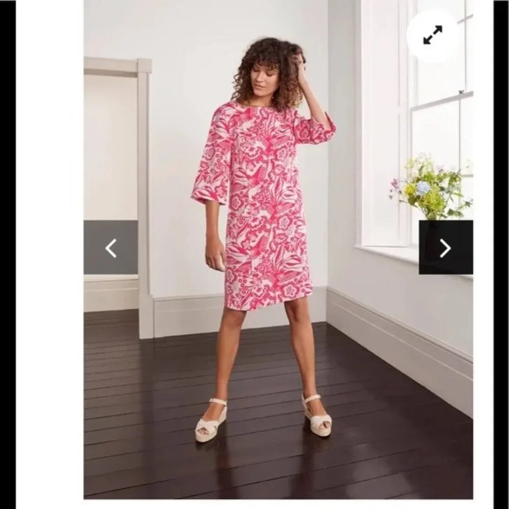 Boden Laurie Linen Dress 14L Lollipop Exotic Escape Semi-Fitted Pockets - Picture 2 of 9